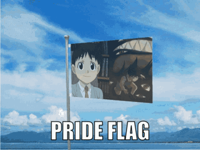 a flag with a picture of a boy and the words " pride flag " below it