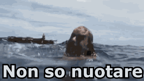 a man is swimming in the ocean with the words `` non so nuotare '' written on the bottom .