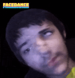 a close up of a man 's face with the words facedance written above him