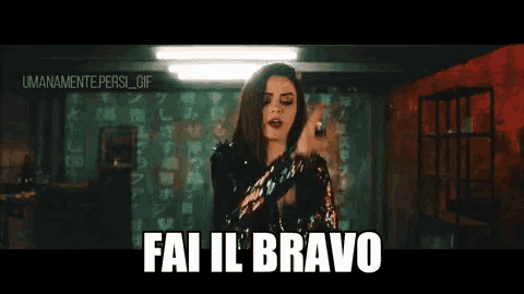 a woman in a sequined dress says fai il bravo in a room