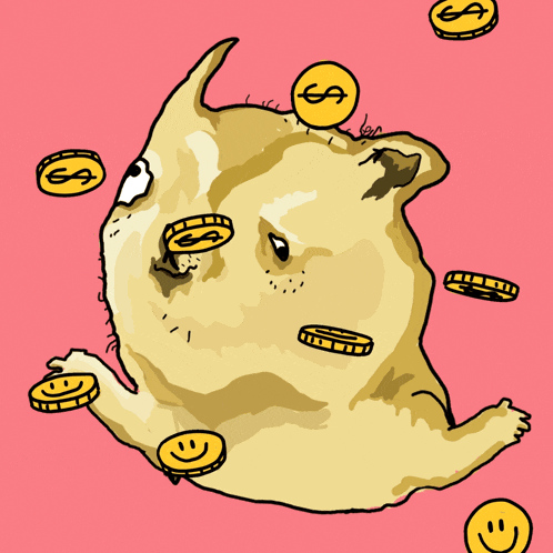 a dog is surrounded by coins with a dollar sign on it