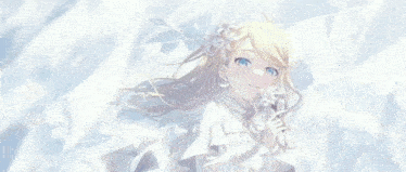 a blonde anime girl in a white dress is holding a bouquet of white flowers .
