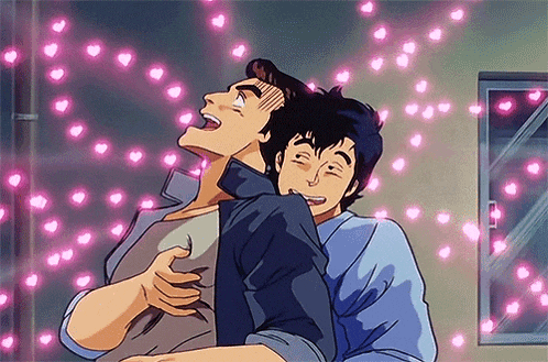 a couple of anime characters hugging each other with pink hearts coming out of the sky