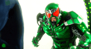 a green superhero is standing in front of a white background .