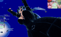 a pixelated image of a woman in a black dress with blue hair