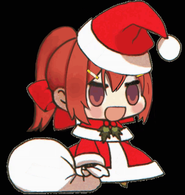 a cartoon girl wearing a santa hat and holding a bag of presents