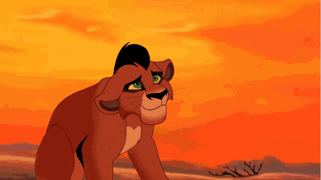 a cartoon lion with green eyes is standing in front of an orange sky
