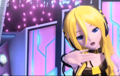 a yellow haired anime girl wearing headphones stands in front of a pink wall