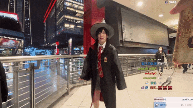 a woman in a harry potter costume stands in front of a fence with the number 3445 on the bottom