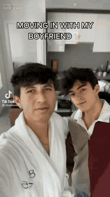 two men standing next to each other with the caption " moving in with my boyfriend " on the bottom