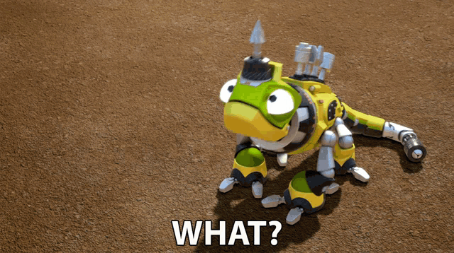 a cartoon character with the words what on the bottom right
