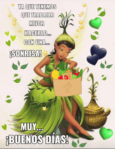 a cartoon of a fairy holding a box of fruit and vegetables with the words " buenos dias " below her
