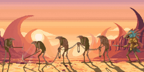 a pixel art of a group of monsters standing in a desert