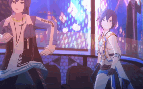 two anime characters are standing next to each other and one has the word caerulea on his shirt .
