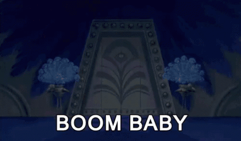 a cartoon of a man standing in a doorway with the words boom baby above him .