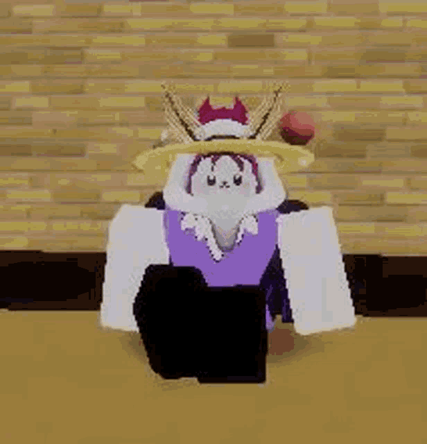 a cartoon character is sitting on the floor in front of a brick wall wearing a purple shirt and a hat .