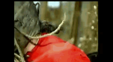 a man in a red jacket is tied up with rope
