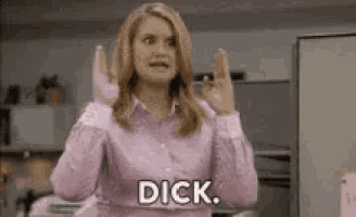 a woman in a pink shirt is making a funny face and says dick .