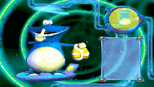 a cartoon character with a big belly is holding a pair of gloves