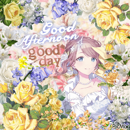 a girl in a white dress is surrounded by flowers and says good afternoon