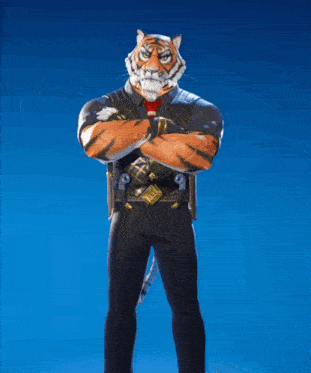 a man with a tiger 's head and arms crossed