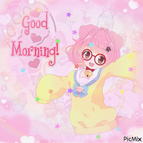 a picture of a girl with glasses and the words " good morning "