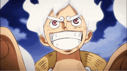 a close up of a cartoon character with white hair