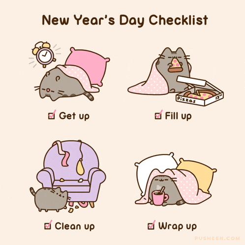 a new year 's day checklist with a cat sleeping on a pink pillow
