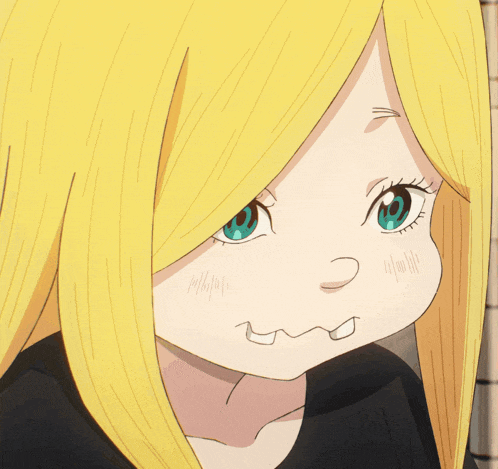 a girl with blonde hair and blue eyes is making a face