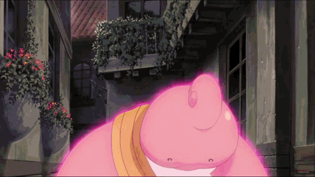 a pink cartoon character is standing in front of a building with flowers and a sign that says ' aol.com '