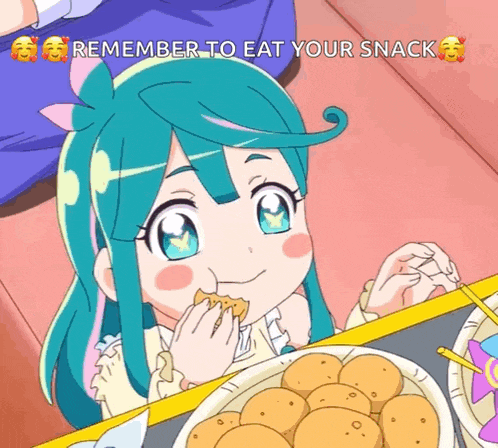 a cartoon girl is sitting at a table with a plate of food and a caption that says " remember to eat your snack "