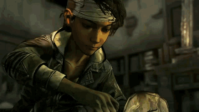 a video game character with a bandage on his head looks down