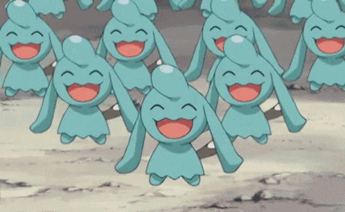 a group of cartoon characters are laughing and walking in a line .