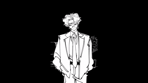 a black and white drawing of a man in a suit and tie standing in front of a piano .