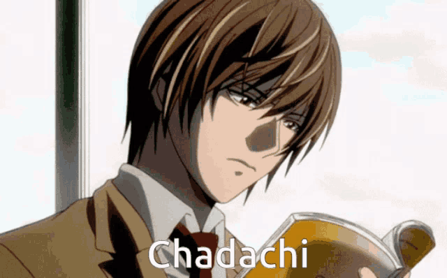 a man in a suit and tie is reading a book and the word chadachi is on the bottom