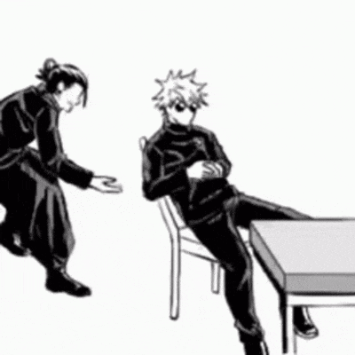 a black and white drawing of a man sitting at a table and a man standing next to him .