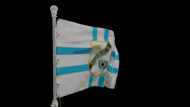 a blue and white flag with a yellow emblem that says ' united '