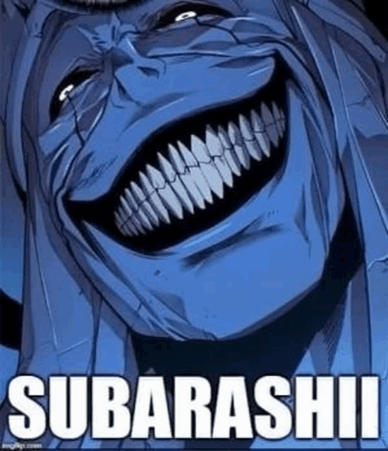 a close up of a person 's face with a large smile and the words `` subarashii '' .