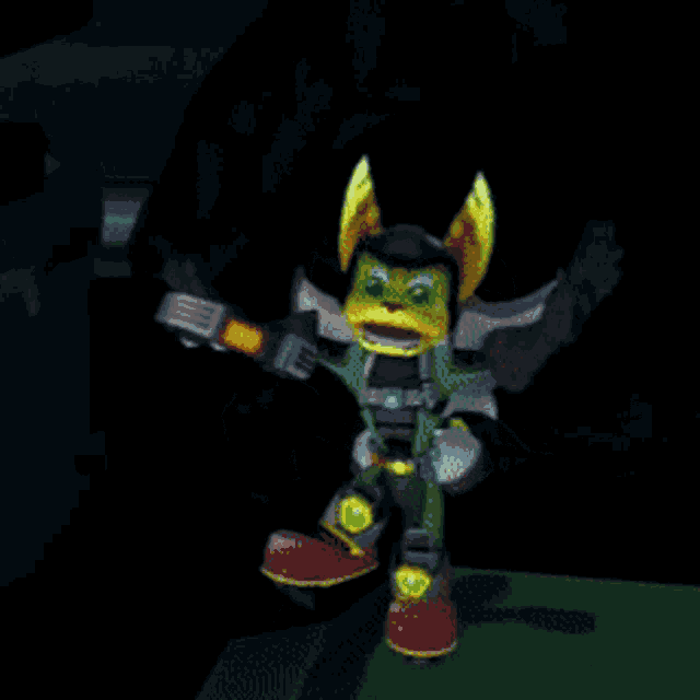 ratchet from the video game ratchet and clank standing on a green box