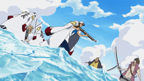 a man in a white cape is holding a gun while standing in the water