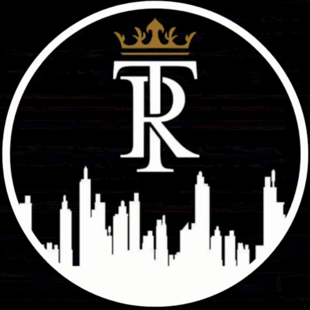 a circle with the letter r and a city skyline in the background