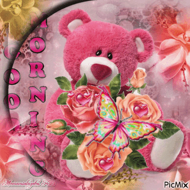 a pink teddy bear is surrounded by pink roses and butterflies