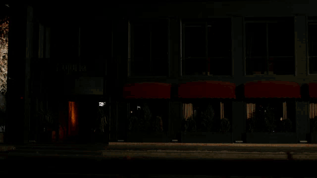 a building with a sign that says laguna is lit up at night