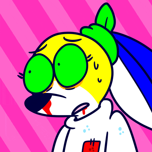 a cartoon of a rabbit with green eyes and a bloody mouth