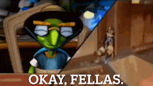 a cartoon character says okay fellas next to a picture of a person .