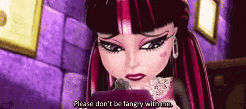 draculaura from monster high is looking at her phone and saying please don 't be angry with me