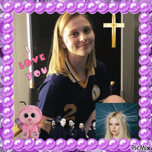 a girl in a blue shirt with the number 2 on it is surrounded by purple pearls