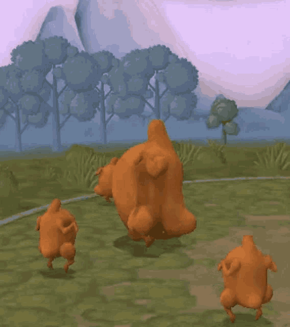 a group of chickens are running in a video game