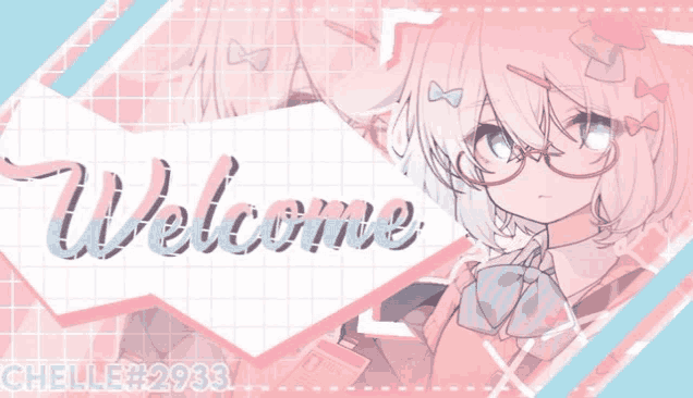 a welcome sign with a girl with glasses and bows