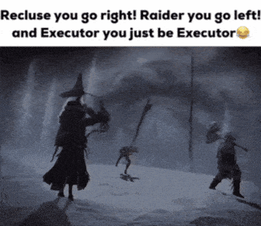 a picture of a witch in the snow with the words " recluse you go right raider you go left "